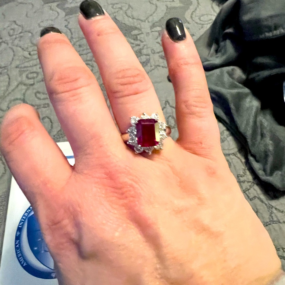 Natural ruby and diamond ring. Size 6.5. 14 KT White Gold.